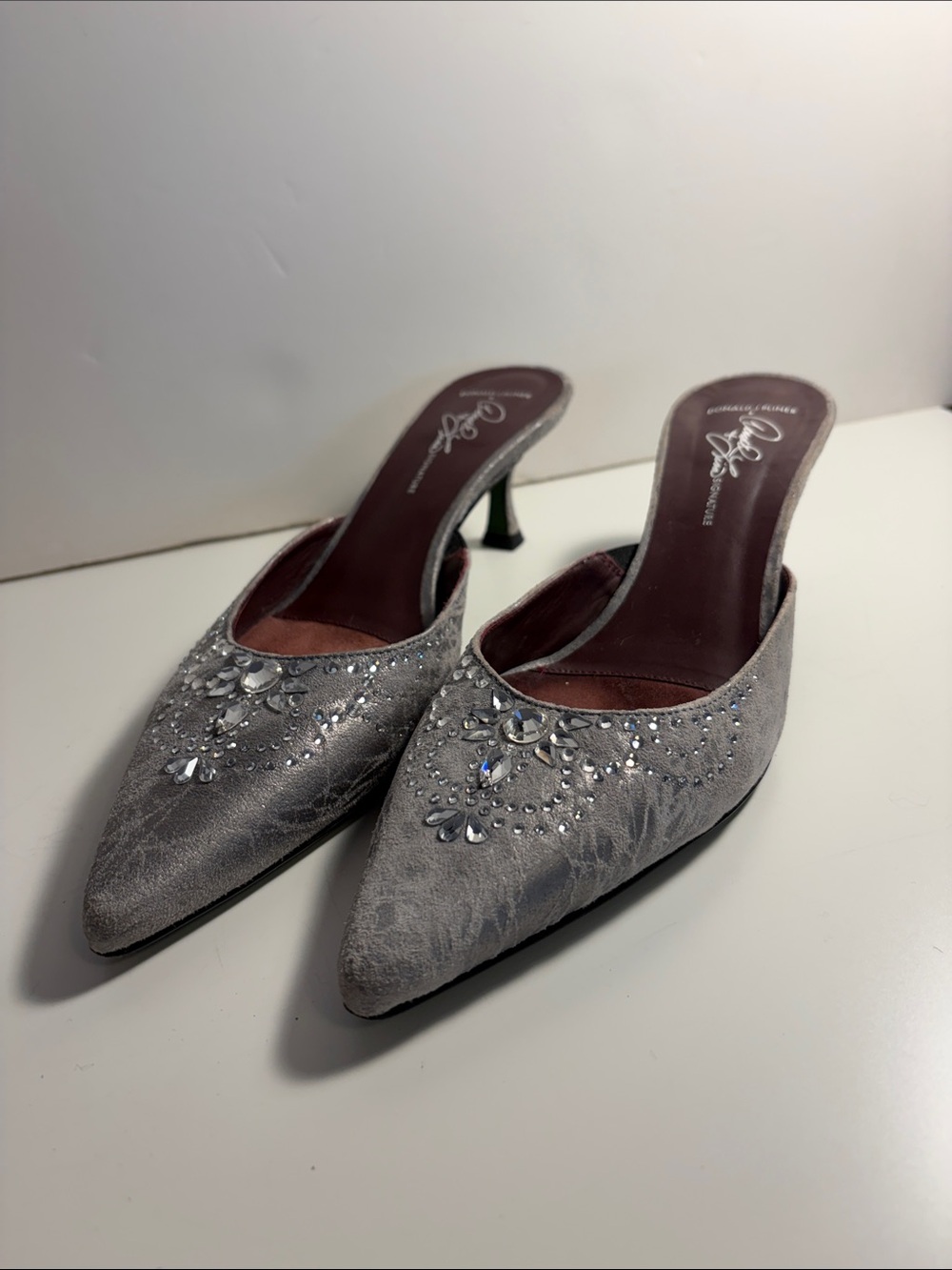 Donald J. Pliner Gray Jeweled Pointed-Toe Mule Heels